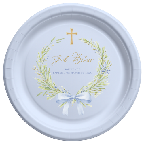 Greenery Wreath & Bow | Name & Date | Personalized Baptism Plates