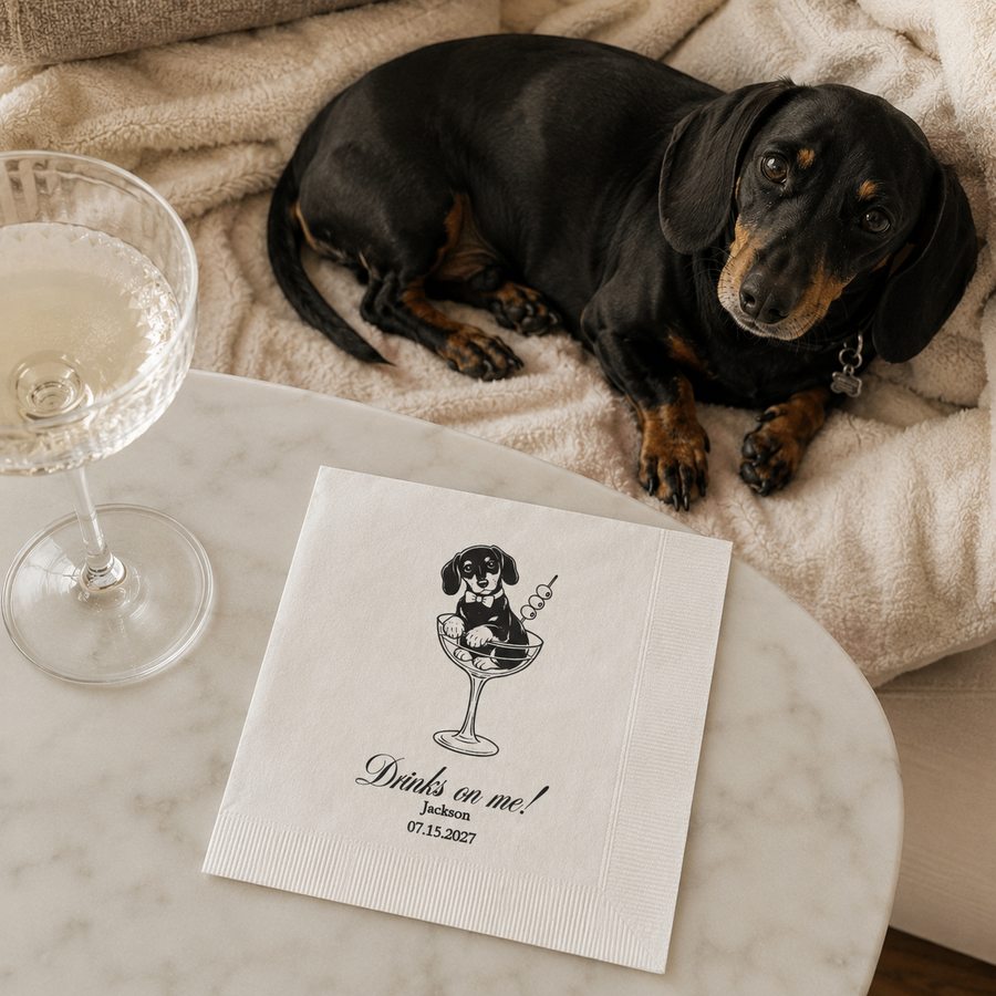 Dog in a Glass Drinks on Me | Custom Dog Wedding Napkins