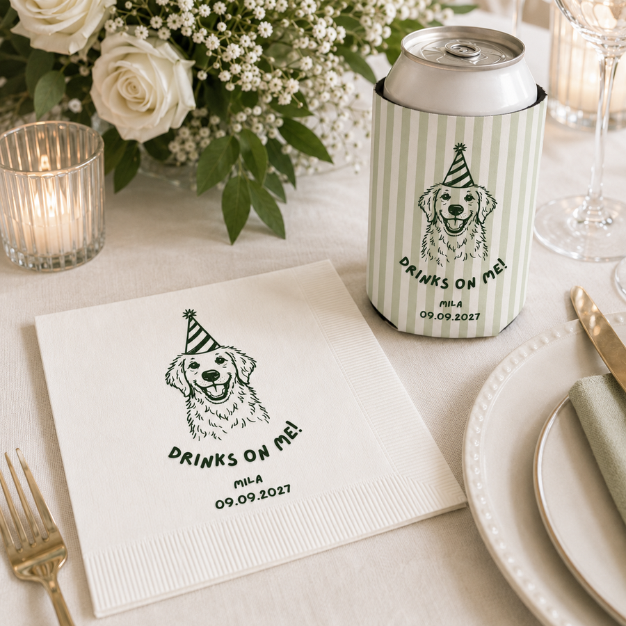 Dog in a Glass Drinks on Me | Custom Dog Wedding Napkins