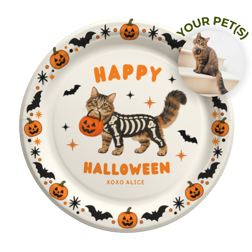 Custom Skeleton Cat Halloween Paper Plates