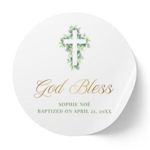 Custom Eucalyptus Cross Baptism Favor Labels