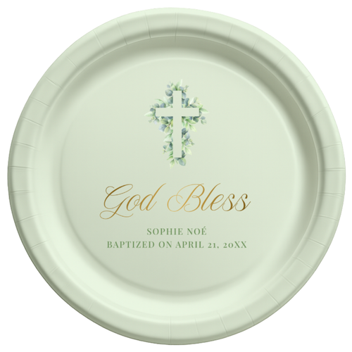 Custom Eucalyptus Cross Baptism Paper Plates