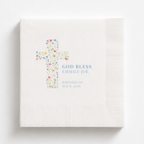 Custom Floral Cross God Bless Baptism Napkins
