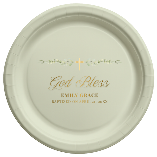 Custom God Bless Greenery Baptism Paper Plates