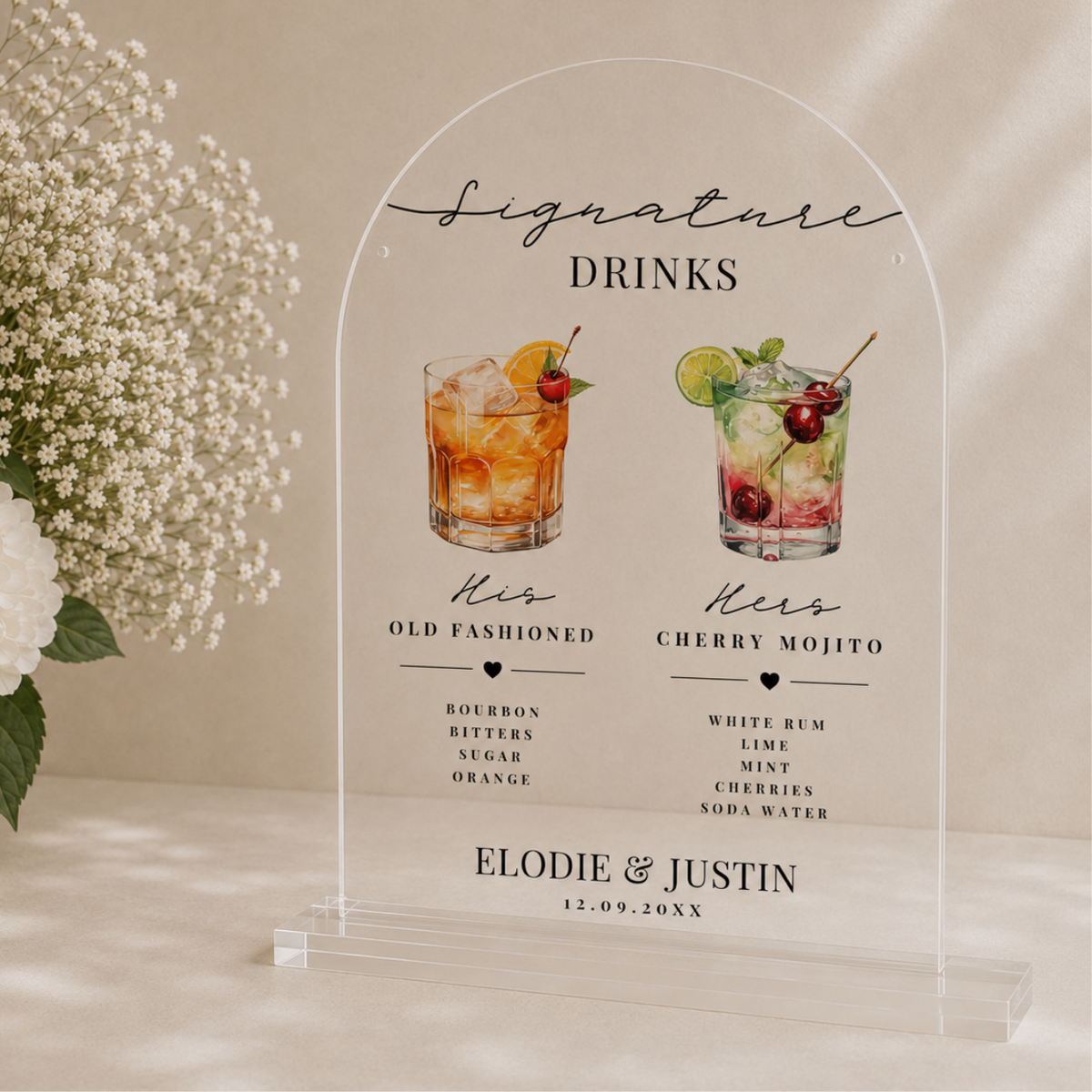 His drink, her drink, one sign