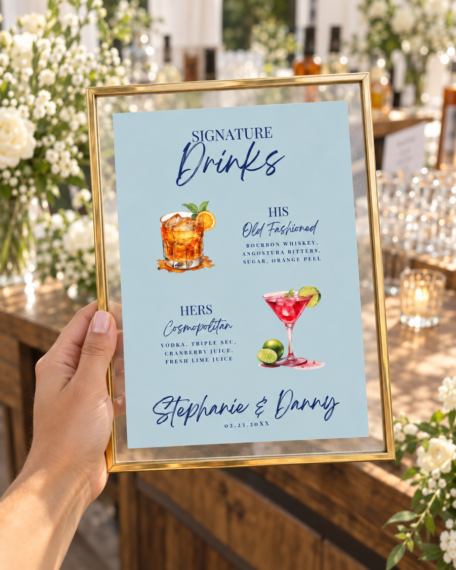 Custom His and Hers Signature Drinks Wedding Bar Sign Acrylic