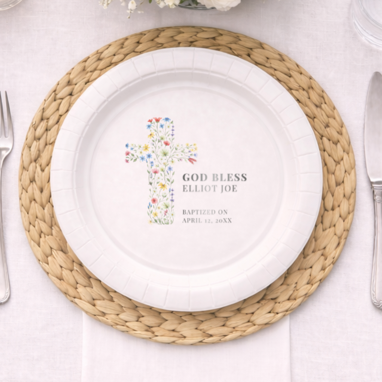 Floral Cross God Bless | Name & Date | Personalized Baptism Plates