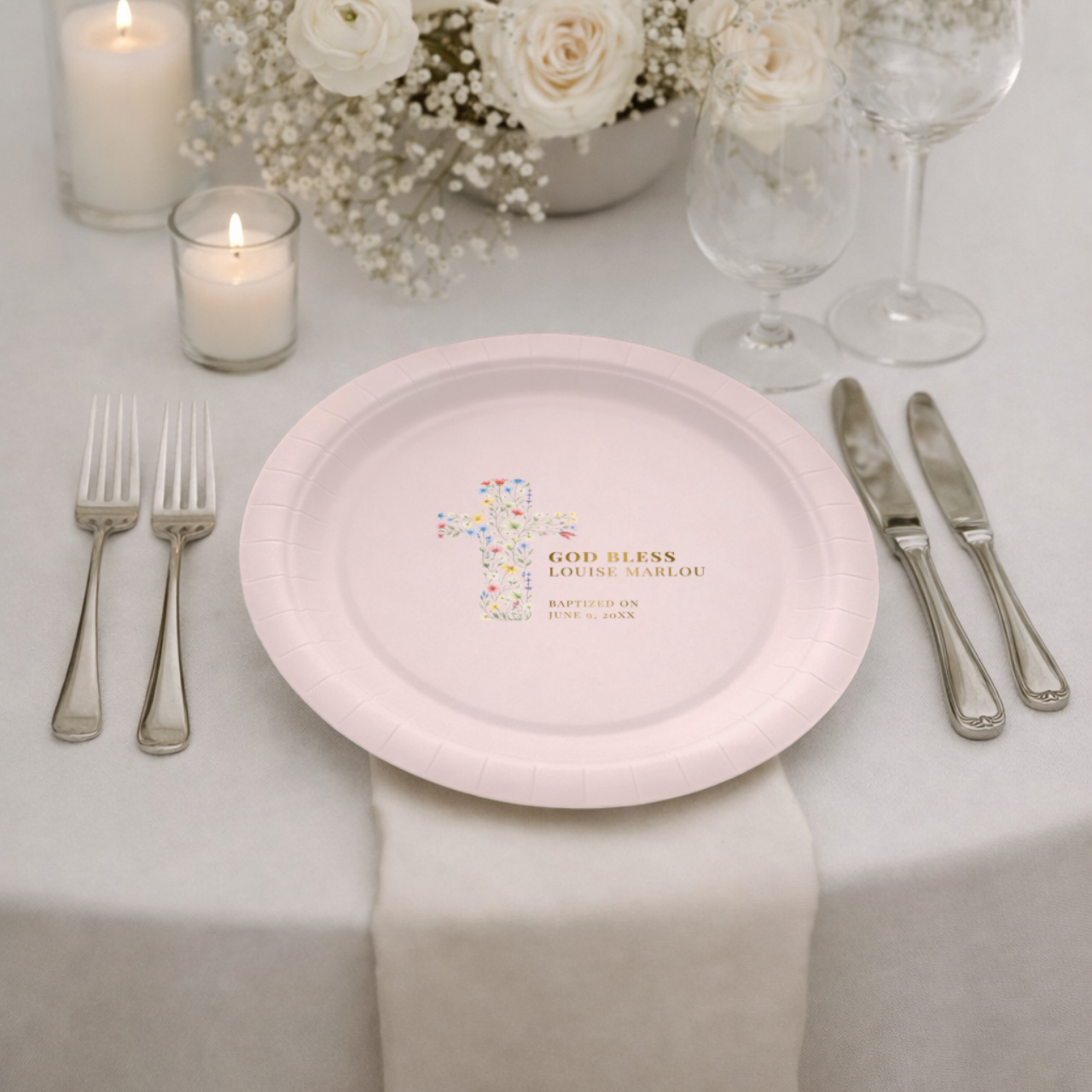 Floral Cross God Bless | Name & Date | Personalized Baptism Plates