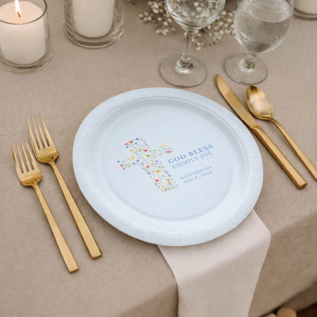 Floral Cross God Bless | Name & Date | Personalized Baptism Plates