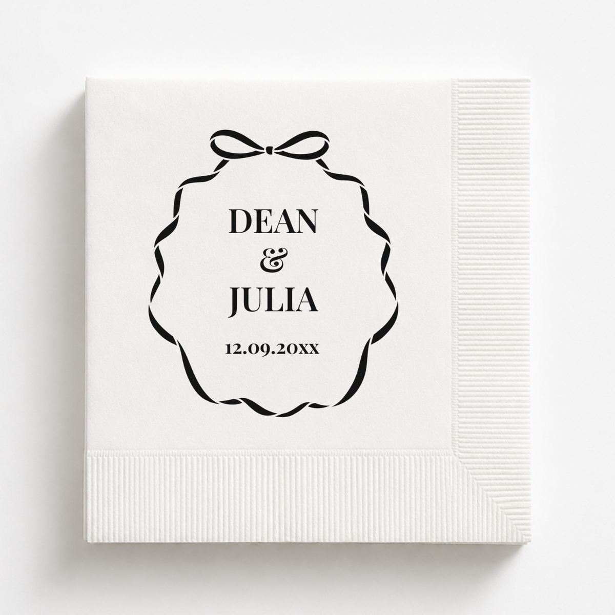 Scalloped Bow Frame wedding napkins personalized with names and date