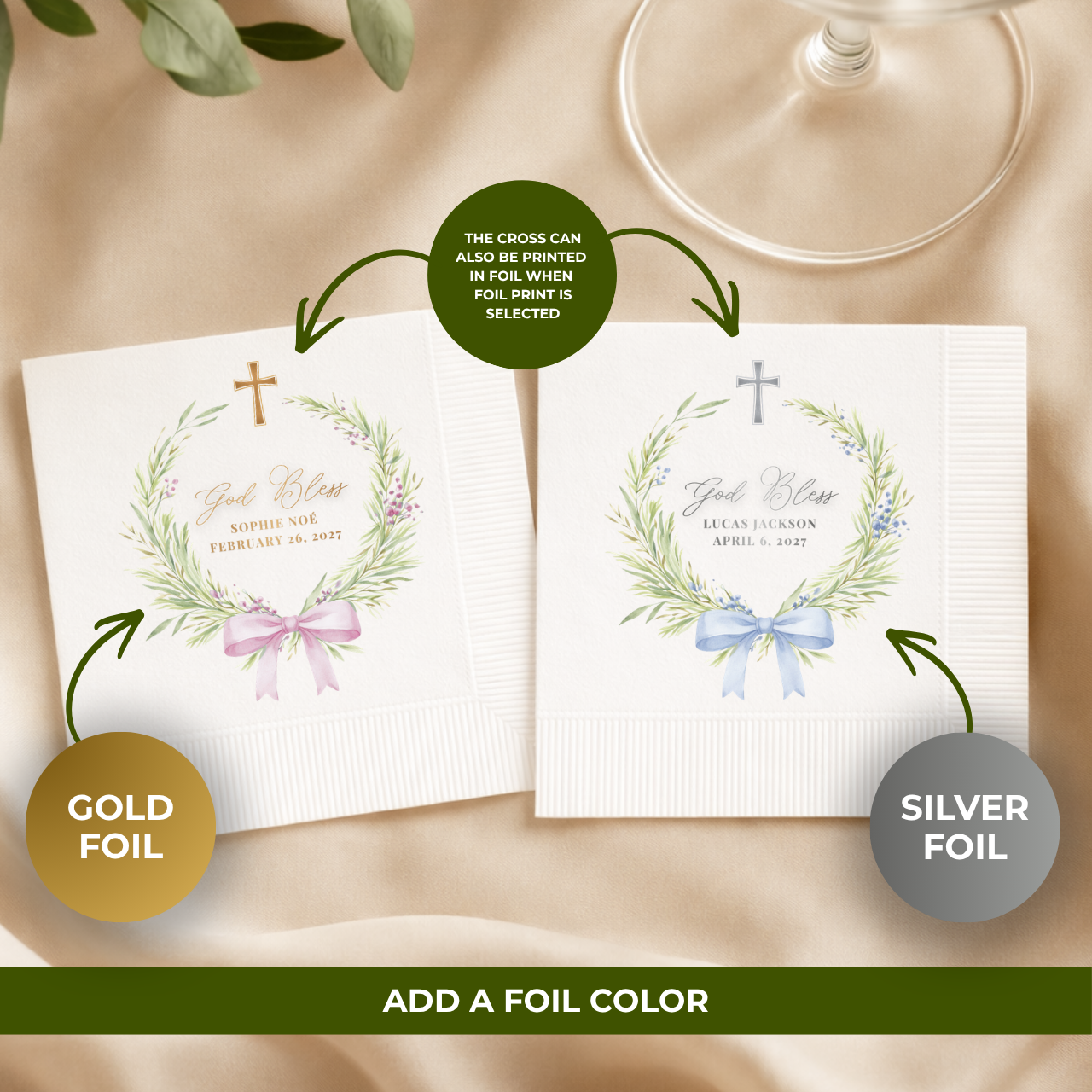 Greenery Wreath & Bow | Name & Date | Personalized Baptism Napkins