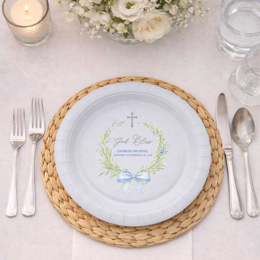 Greenery Wreath & Bow | Name & Date | Personalized Baptism Plates