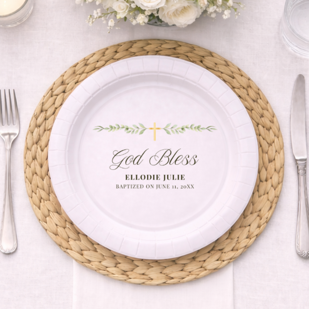 God Bless Greenery | Name & Date | Personalized Baptism Plates