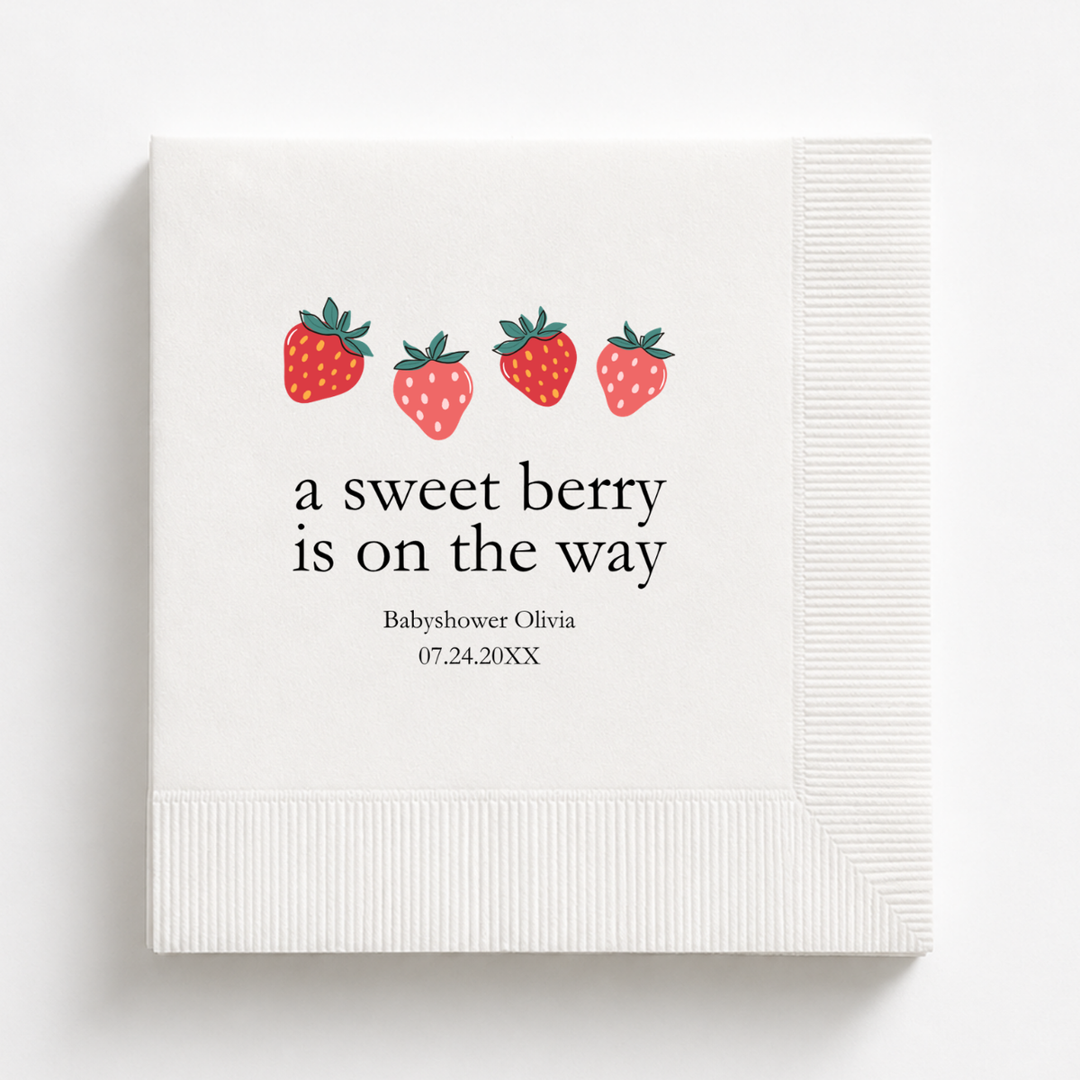 A Berry Sweet Baby Is On The Way baby shower napkins personalized with a name and date