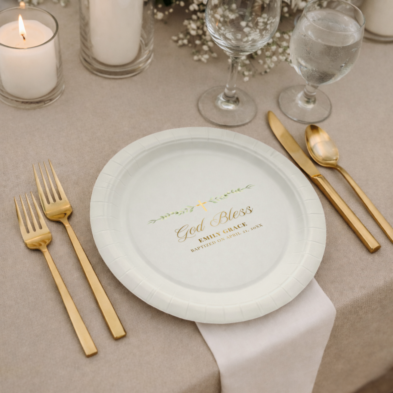 God Bless Greenery | Name & Date | Personalized Baptism Plates