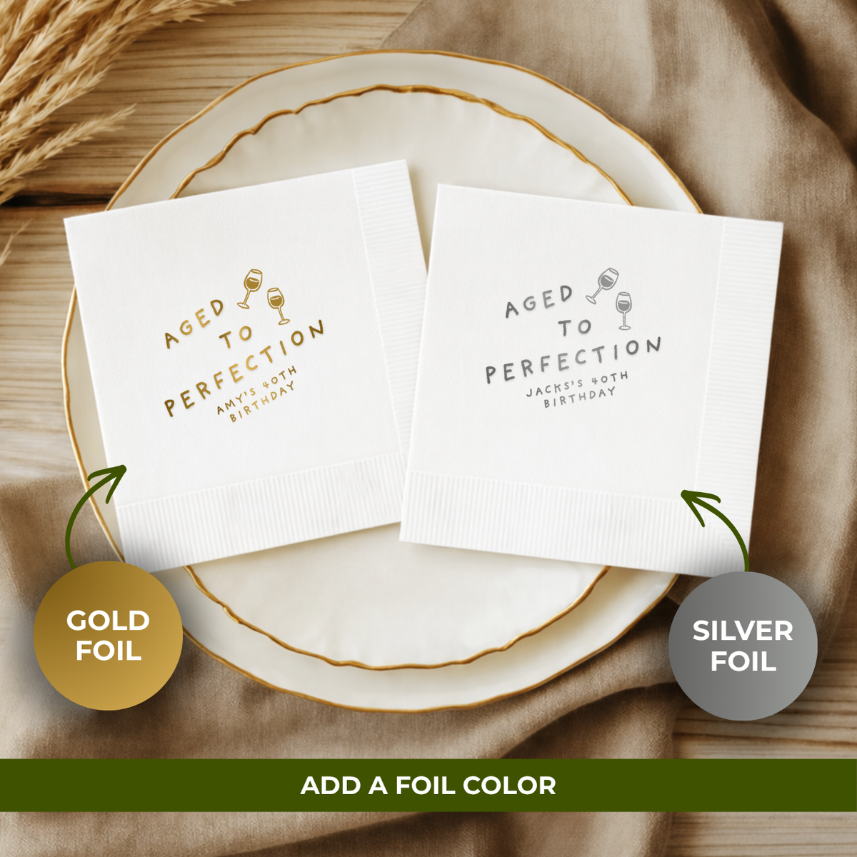 Personalized birthday party napkins with the Aged to Perfection Wine Glasses design