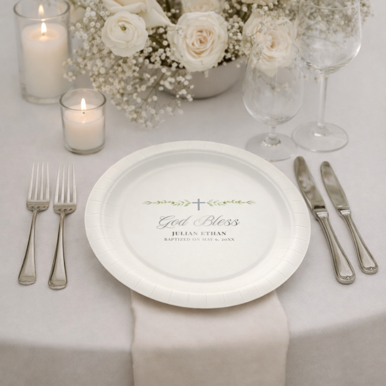 God Bless Greenery | Name & Date | Personalized Baptism Plates