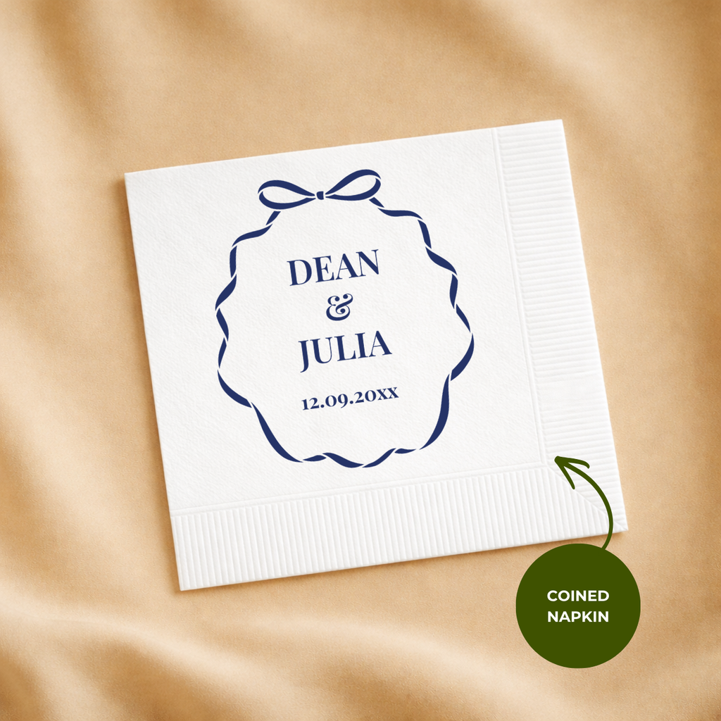 Custom wedding napkins in cocktail, luncheon and guest towel sizes, Scalloped Bow Frame design