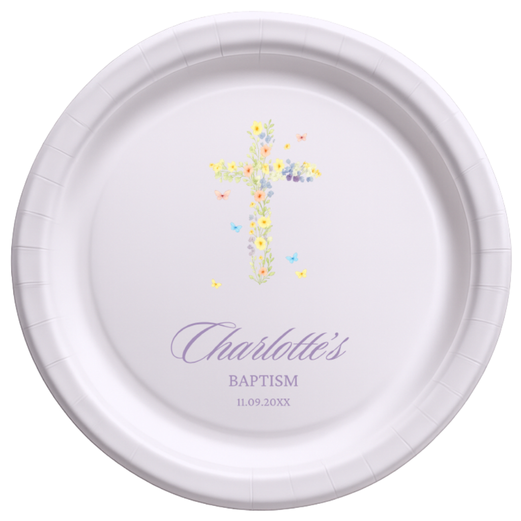 Wildflower Cross & Butterflies | Name & Date | Personalized Baptism Plates