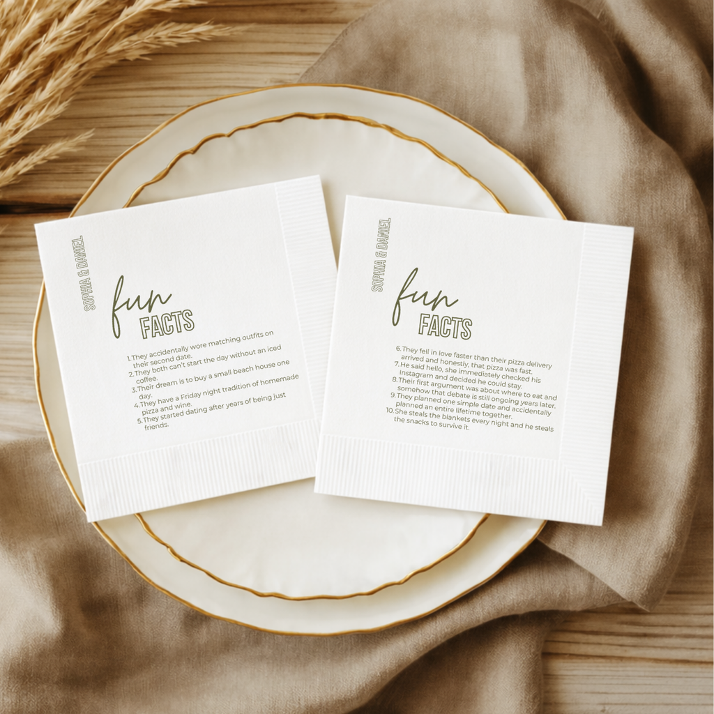 Calligraphy Fun Facts | Names & Your Fun Facts | Personalized Wedding Napkins