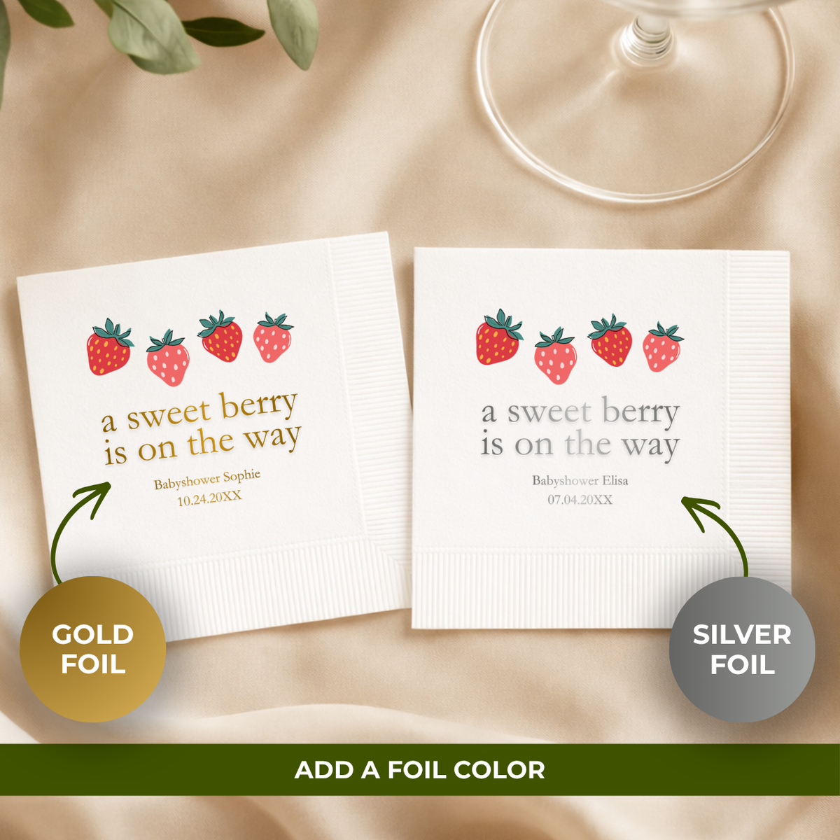 A Berry Sweet Baby Is On The Way baby shower napkins styled on a party table