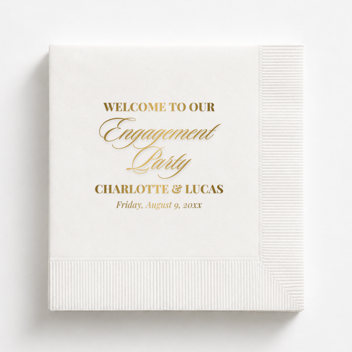 Welcome To Our Engagement Party engagement napkins personalized with names and date