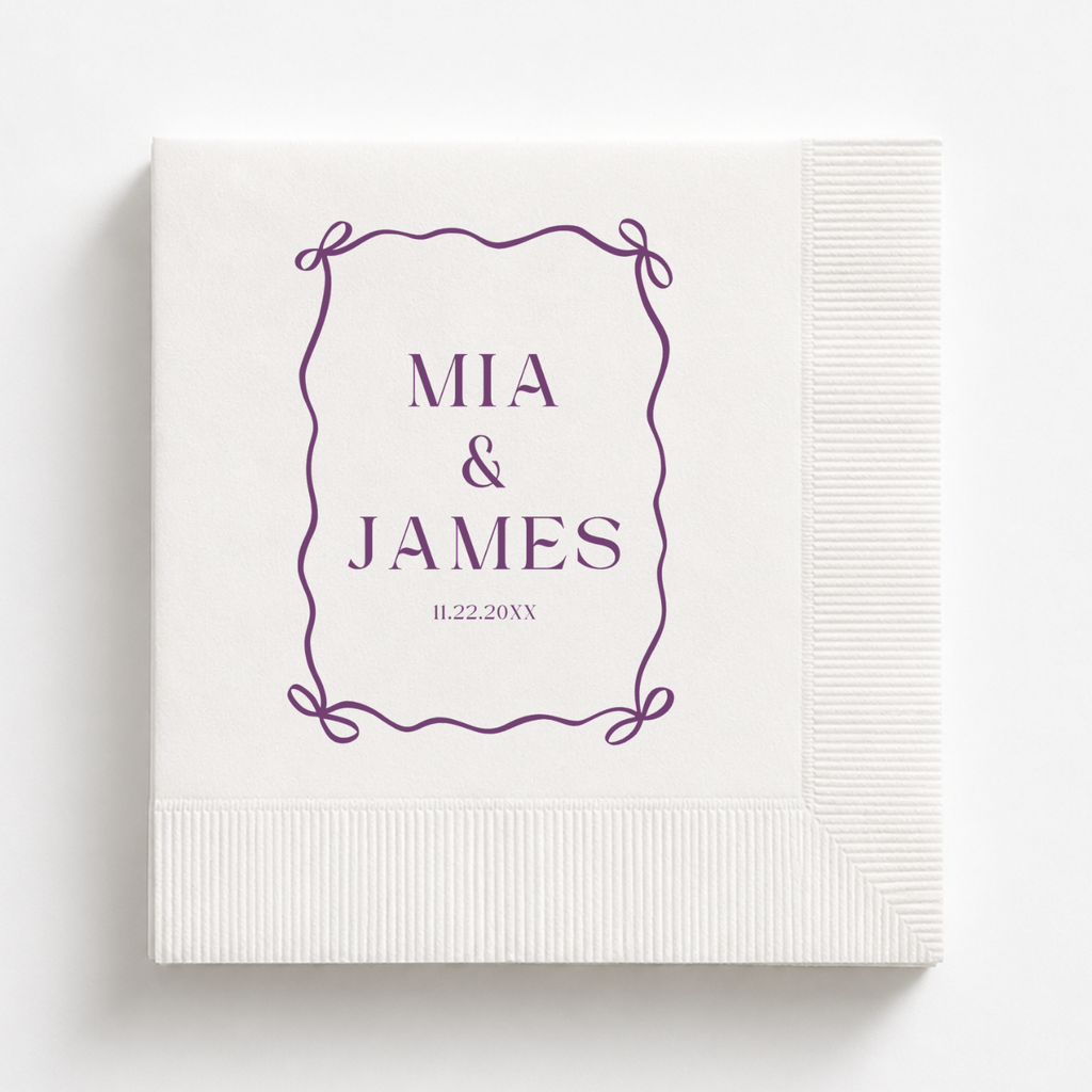 Ribbon Bow Frame wedding napkins personalized with names and date