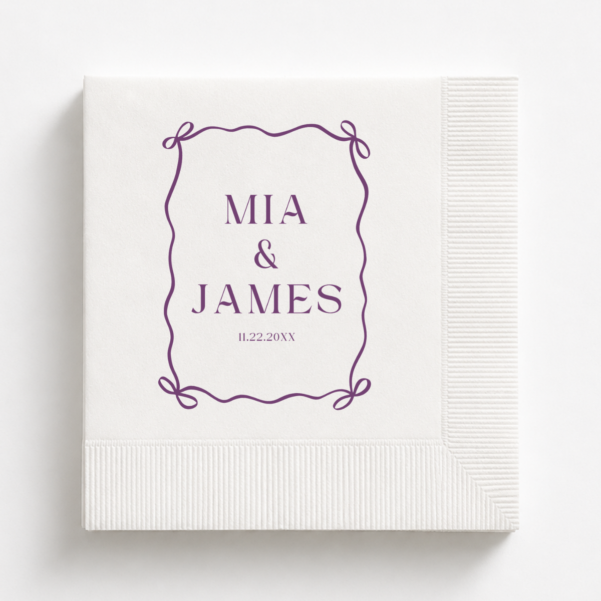 Ribbon Bow Frame wedding napkins personalized with names and date