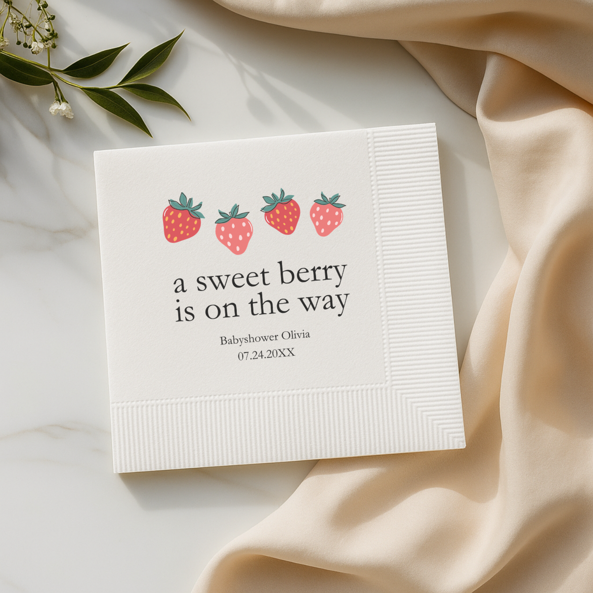 A Berry Sweet Baby Is On The Way baby shower napkins for the dessert table