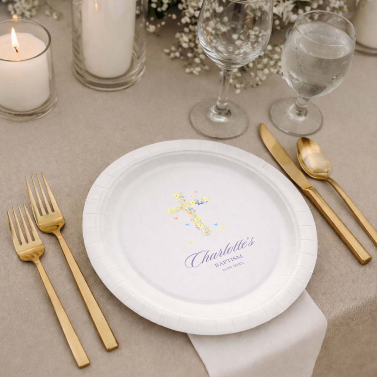 Wildflower Cross & Butterflies | Name & Date | Personalized Baptism Plates