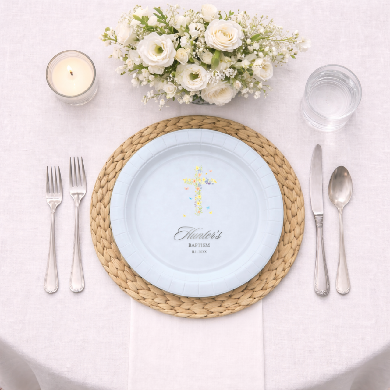 Wildflower Cross & Butterflies | Name & Date | Personalized Baptism Plates