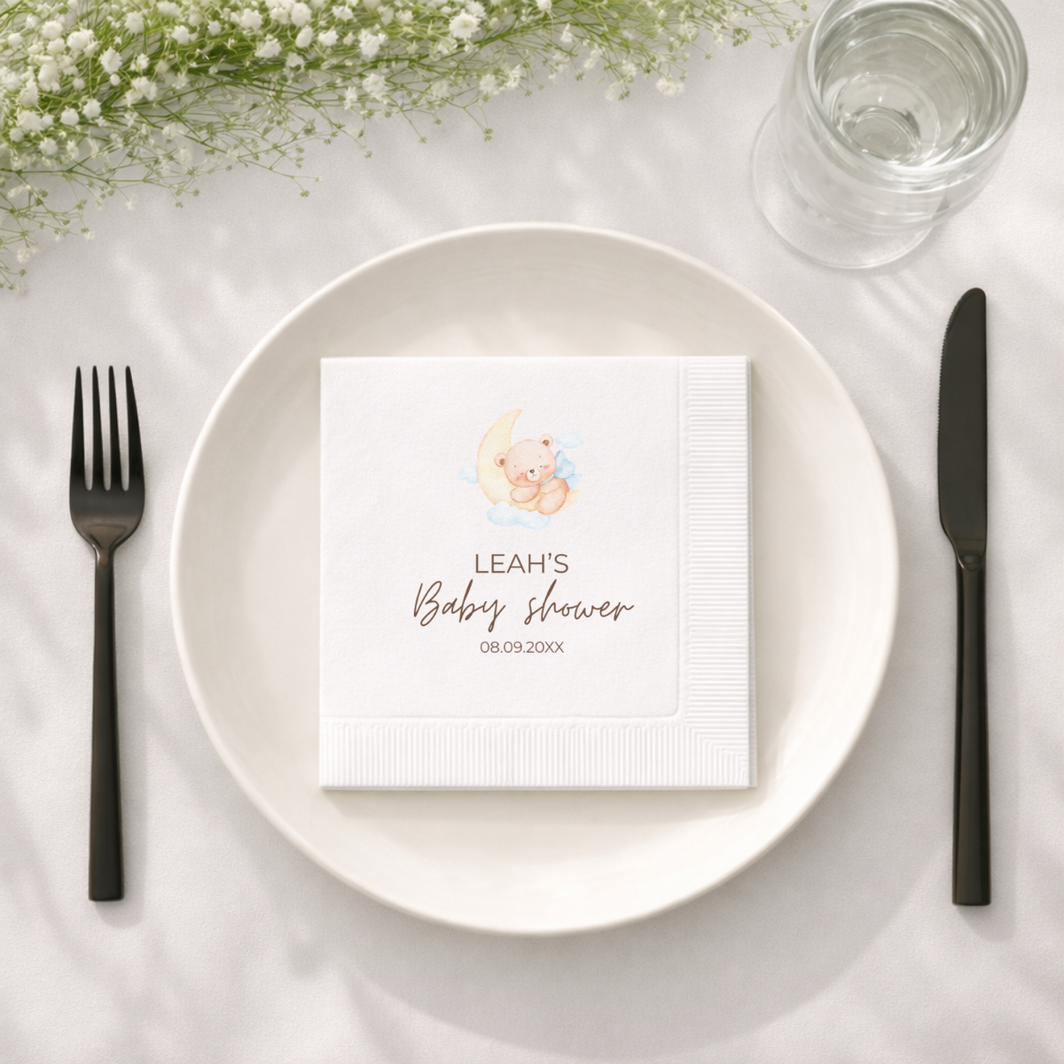 Over The Moon baby shower napkins for the dessert table