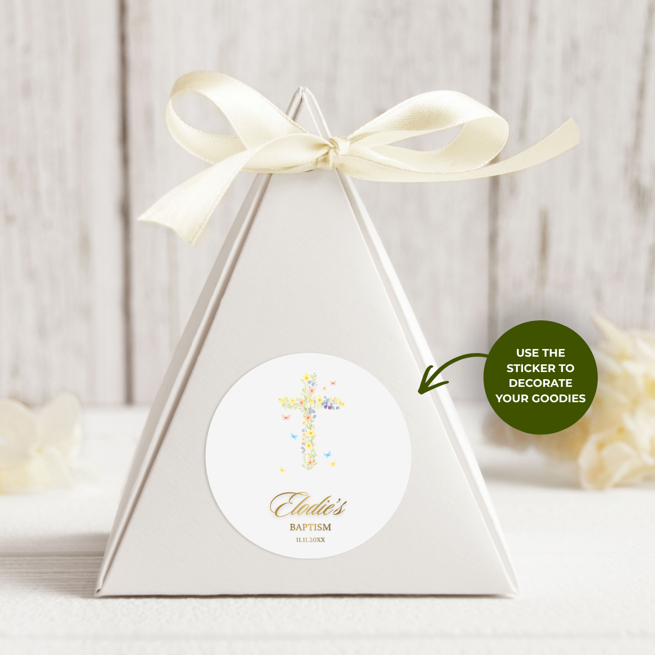 Wildflower Cross & Butterflies | Name & Date | Personalized Baptism Stickers