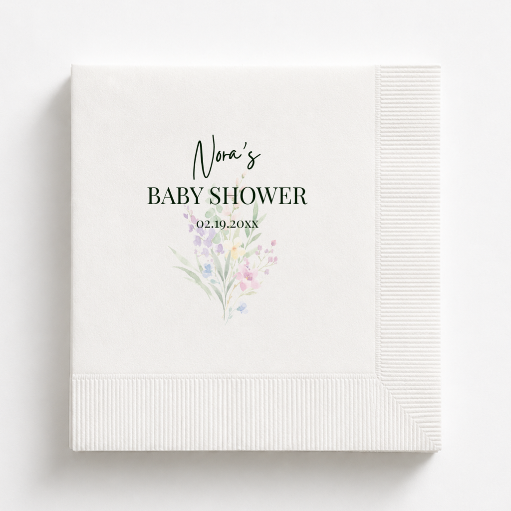 Baby In Bloom Wildflowers baby shower napkins personalized with a name and date