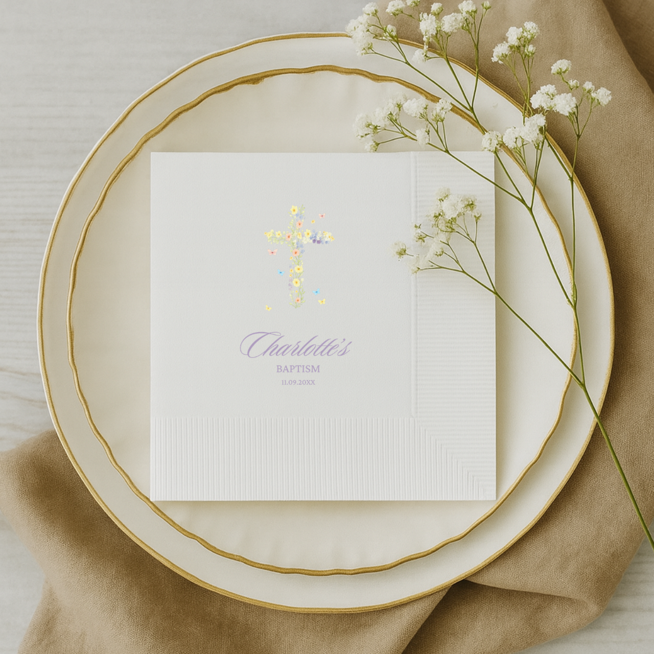Wildflower Cross & Butterflies | Name & Date | Baptism Napkins
