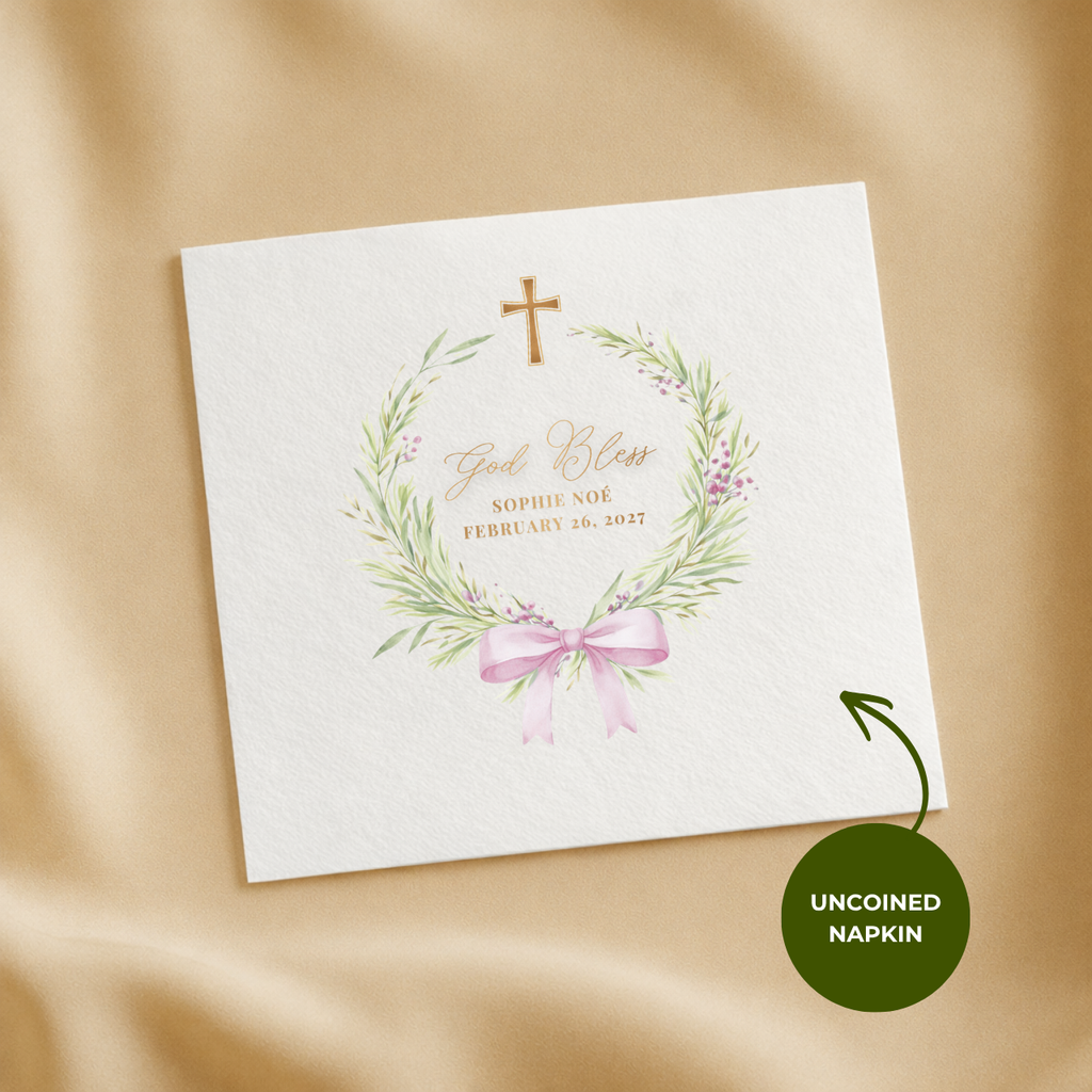Greenery Wreath & Bow | Name & Date | Personalized Baptism Napkins
