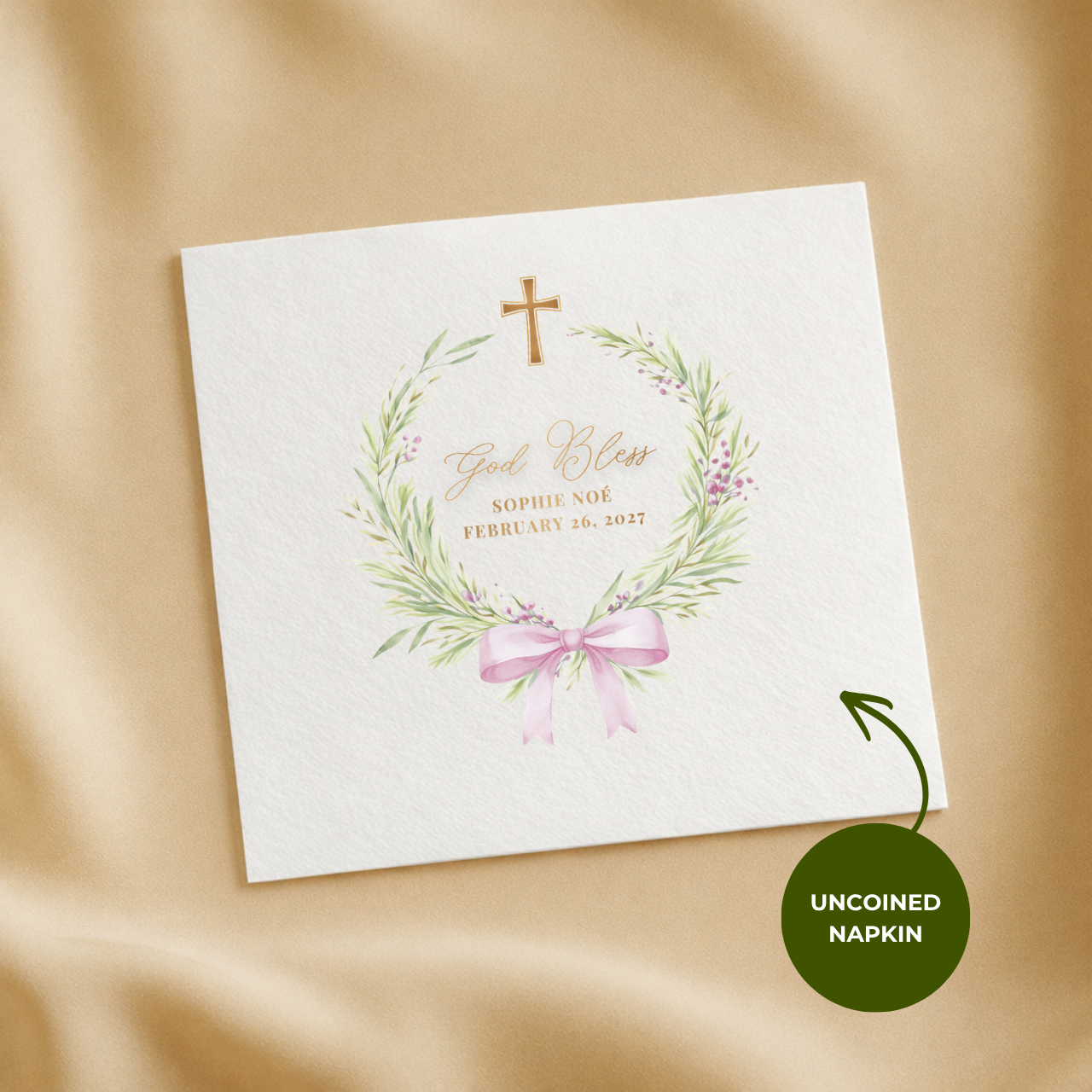 Greenery Wreath & Bow | Name & Date | Personalized Baptism Napkins