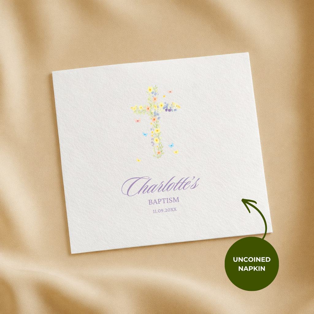 Wildflower Cross & Butterflies | Name & Date | Baptism Napkins