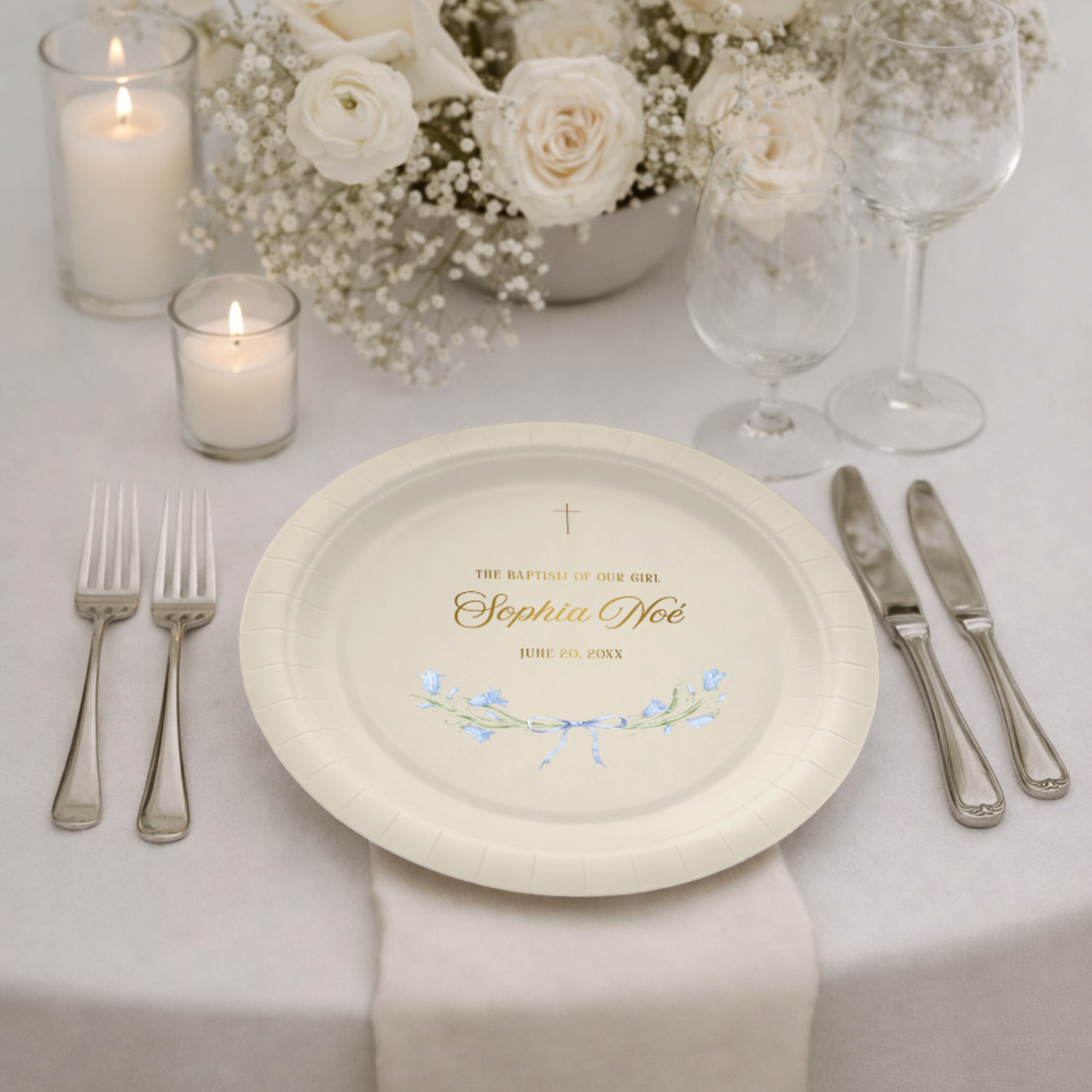 Floral Ribbon Bow | Name & Date | Personalized Baptism Plates