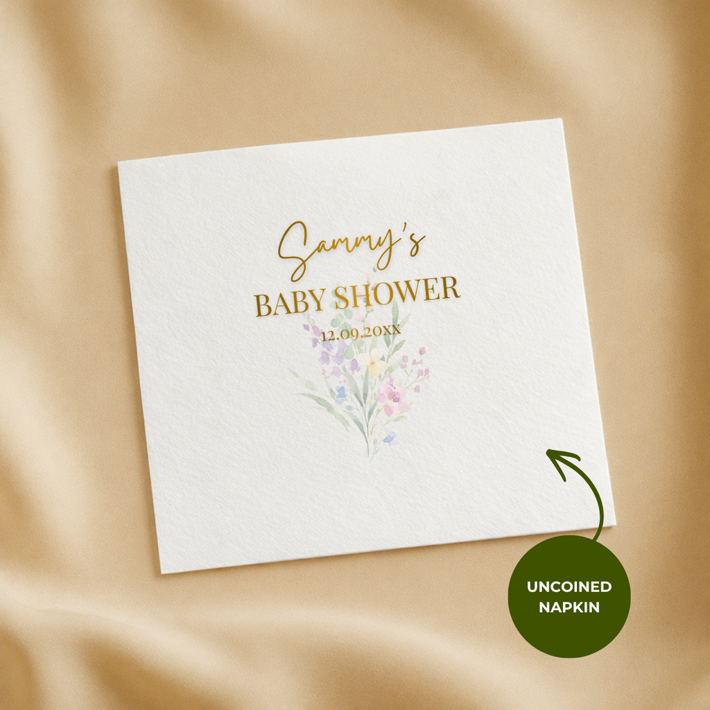 Baby In Bloom Wildflowers baby shower napkins styled on a party table