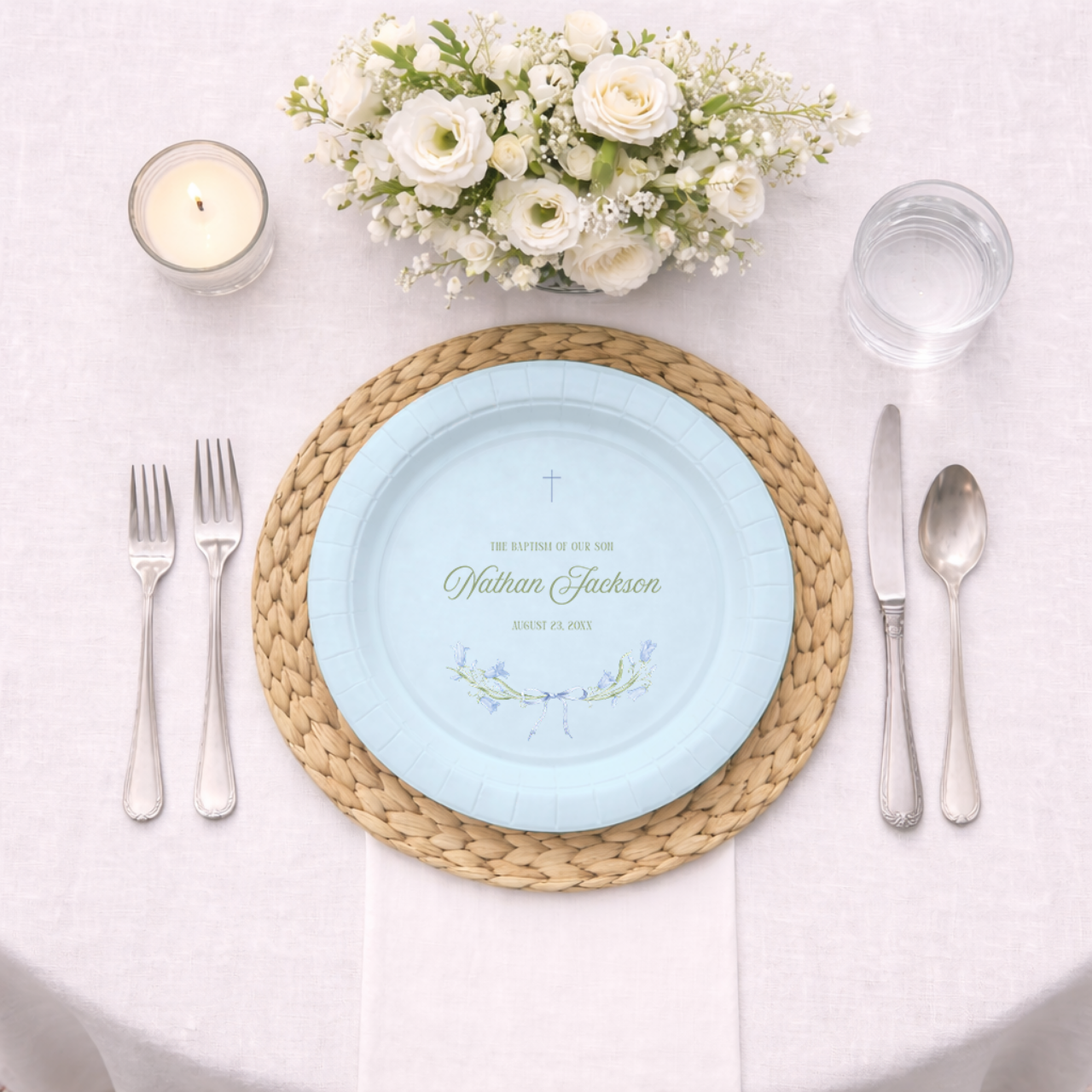 Floral Ribbon Bow | Name & Date | Personalized Baptism Plates