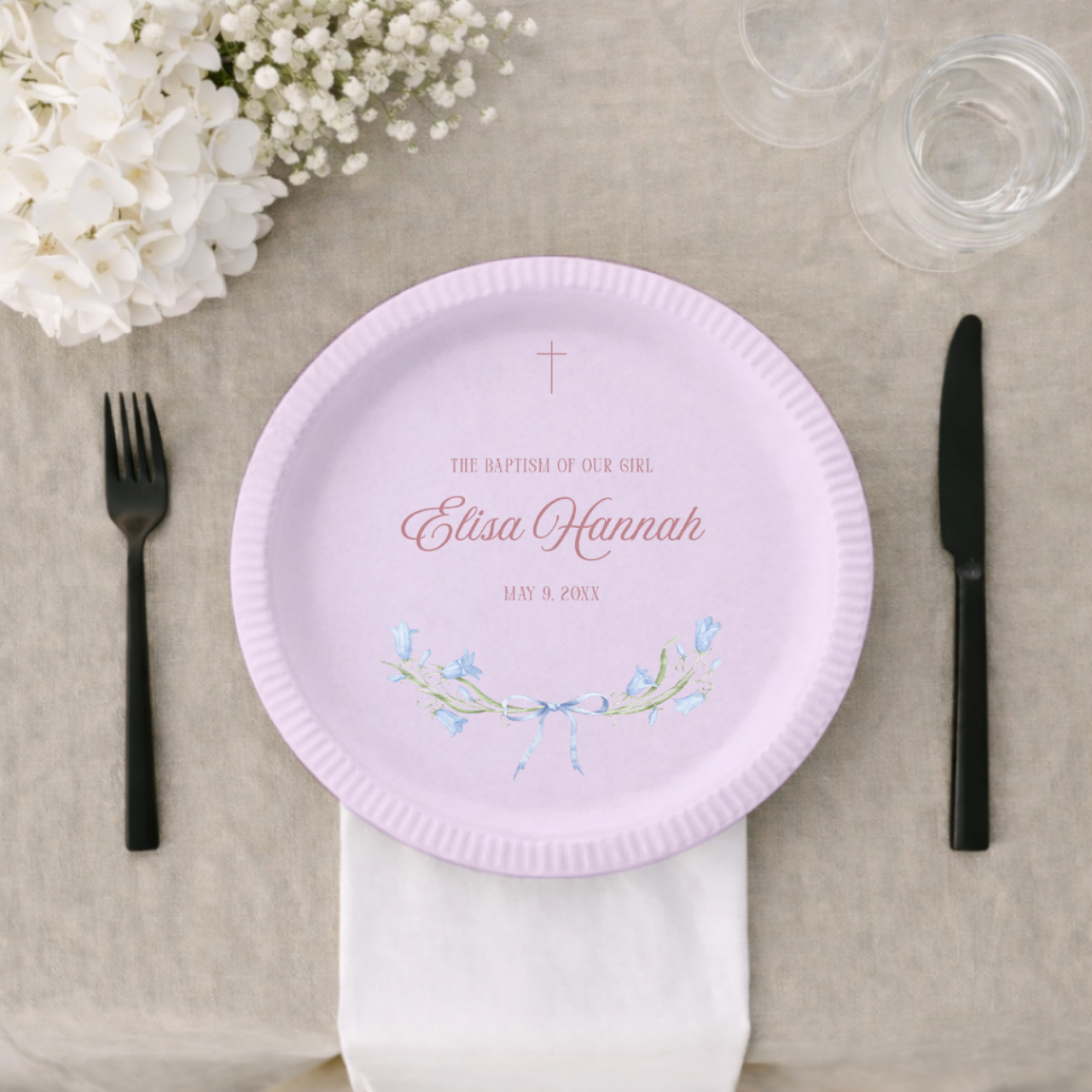 Floral Ribbon Bow | Name & Date | Personalized Baptism Plates