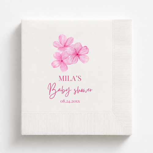 Baby In Bloom baby shower napkins personalized with a name and date