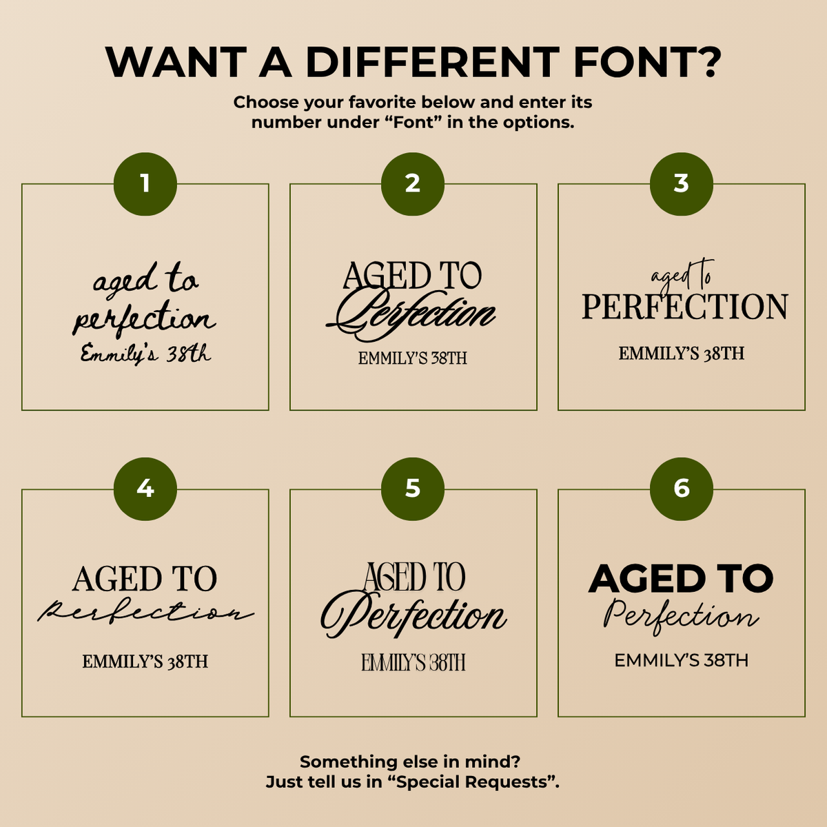 Font chart with the font options for the personalized Aged to Perfection birthday napkins