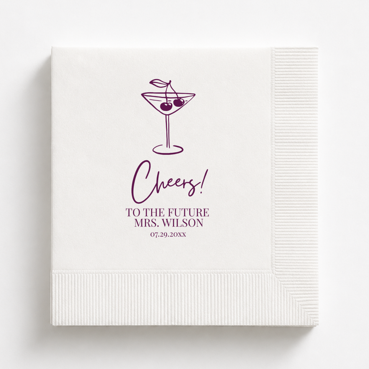 Cheers Cherry Martini bridal shower napkins personalized with a name and date