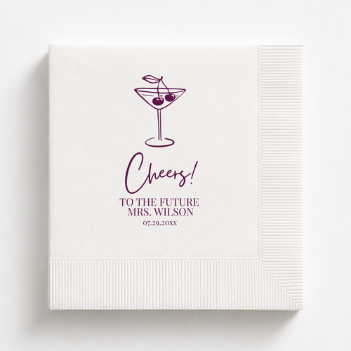 Cheers Cherry Martini bridal shower napkins personalized with a name and date