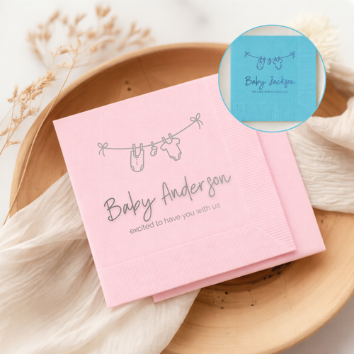Custom baby shower napkins with the Baby Clothesline design