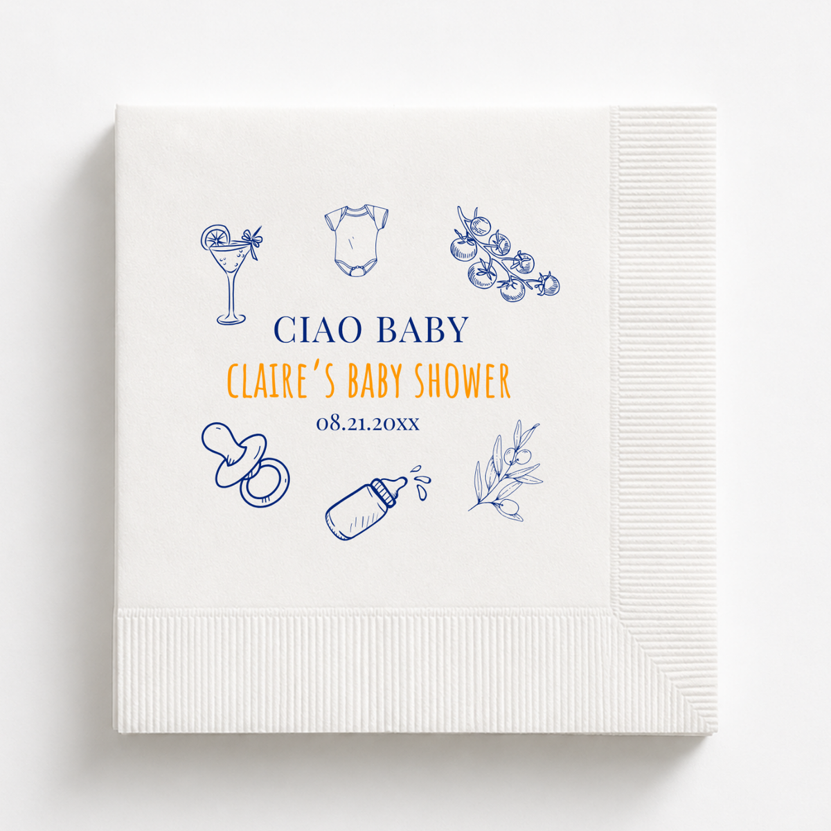 Ciao Baby baby shower napkins personalized with a name and date