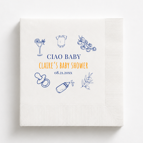 Ciao Baby baby shower napkins personalized with a name and date