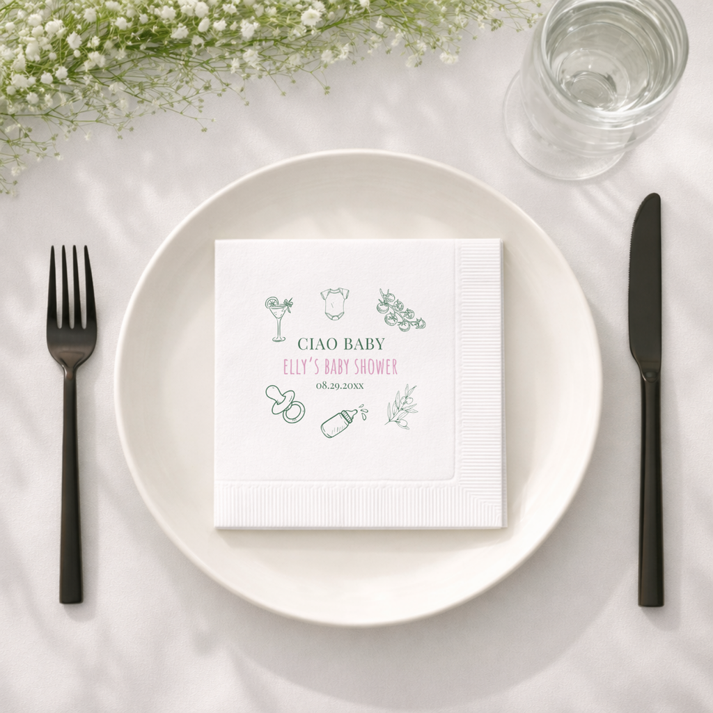 Close-up of the Ciao Baby design on personalized baby shower napkins